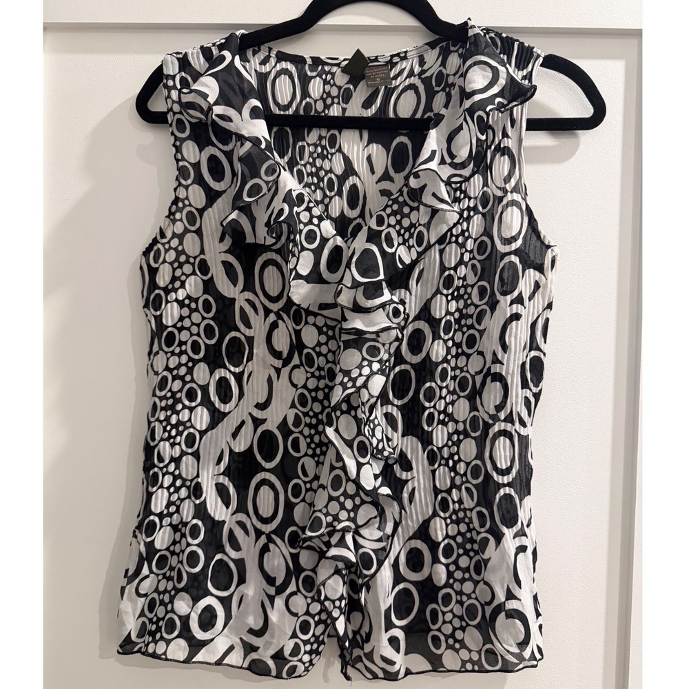 Black White Circle Print Ruffle Plisse Blouse